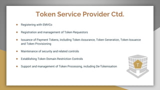 Token Service Provider Ctd.
● Registering with EMVCo
● Registration and management of Token Requestors
● Issuance of Payment Tokens, including Token Assurance, Token Generation, Token Issuance
and Token Provisioning
● Maintenance of security and related controls
● Establishing Token Domain Restriction Controls
● Support and management of Token Processing, including De-Tokenisation T
 