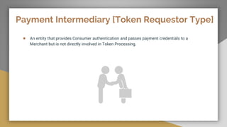 Payment Intermediary [Token Requestor Type]
● An entity that provides Consumer authentication and passes payment credentials to a
Merchant but is not directly involved in Token Processing.
 