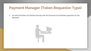Payment Manager [Token Requestor Type]
● An entity that does not interface directly with the Consumer but facilitates payments for the
Merchant.
 