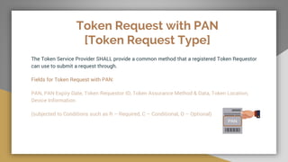 Token Request with PAN
[Token Request Type]
The Token Service Provider SHALL provide a common method that a registered Token Requestor
can use to submit a request through.
Fields for Token Request with PAN:
PAN, PAN Expiry Date, Token Requestor ID, Token Assurance Method & Data, Token Location,
Device Information
(subjected to Conditions such as R – Required, C – Conditional, O – Optional)
PAN
 