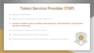 Token Service Provider [TSP]
● Registering with EMVCo
● Registration and management of Token Requestors
● Issuance of Payment Tokens, including Token Assurance, Token Generation, Token Issuance
and Token Provisioning
● Maintenance of security and related controls
● Establishing Token Domain Restriction Controls
● Support and management of Token Processing, including De-Tokenisation T
 