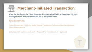 Merchant-Initiated Transaction
When the Merchant is the Token Requestor, Merchant-related fields in the existing ISO 8583
messages SHOULD be used to limit the use of a Payment Token.
Token Control Fields:
Token Cryptogram, POS Entry Mode, Original Transaction Reference, Merchant-Initiated
Transaction Identifier
(subjected to Conditions such as R – Required, C – Conditional, O – Optional)
T
 