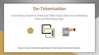 De-Tokenisation
Converting a Payment Token and Token Expiry Date to an underlying
PAN and PAN Expiry Date.
May or may not include the application of Token Domain Restriction Controls.
T PAN
 