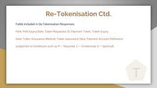 Re-Tokenisation Ctd.
Fields Included in De-Tokenisation Responses:
PAN, PAN Expiry Date, Token Requestor ID, Payment Token, Token Expiry
Date, Token Assurance Method, Token Assurance Data, Payment Account Reference
(subjected to Conditions such as R – Required, C – Conditional, O – Optional)
T
 