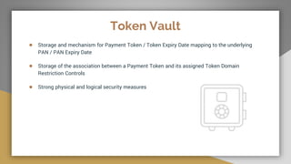Token Vault
● Storage and mechanism for Payment Token / Token Expiry Date mapping to the underlying
PAN / PAN Expiry Date
● Storage of the association between a Payment Token and its assigned Token Domain
Restriction Controls
● Strong physical and logical security measures
 