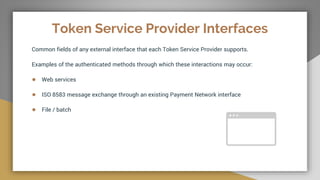Token Service Provider Interfaces
Common fields of any external interface that each Token Service Provider supports.
Examples of the authenticated methods through which these interactions may occur:
● Web services
● ISO 8583 message exchange through an existing Payment Network interface
● File / batch
 