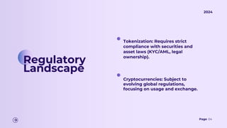 Page 04
Regulatory
Landscape
Tokenization: Requires strict
compliance with securities and
asset laws (KYC/AML, legal
ownership).
Cryptocurrencies: Subject to
evolving global regulations,
focusing on usage and exchange.
2024