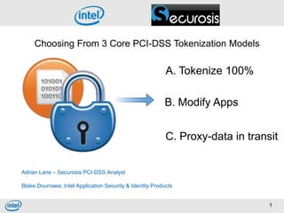 Choosing From 3 Core PCI-DSS Tokenization Models

                                                           A. Tokenize 100%

                                                          B. Modify Apps


                                                           C. Proxy-data in transit


Adrian Lane – Securosis PCI-DSS Analyst

Blake Dournaee, Intel Application Security & Identity Products


                                                                                 1
 