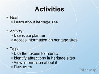 Activities Goal: Learn about heritage site Activity:  Use route planner Access information on heritage sites Task:  Use the tokens to interact Identify attractions in heritage sites View information about it Plan route 