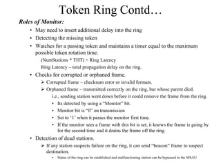 Token Ring Contd…
Roles of Monitor:
• May need to insert additional delay into the ring
• Detecting the missing token
• Wa...