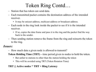 Token Ring Contd…
– Station that has token can send data.
– Each transmitted packet contains the destination address of th...