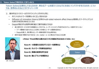 Copyright © 2017 Mori Hamada & Matsumoto All rights reserved.‐ 9‐
Token Salesとは果たしてなんなのか、単なるブームを超えてどのように社会にインパクトを与えるのか、につい
ては、世界のいたるところでディベート中
２．Token Salesで現状分かってきていること
２. 基本的なストラテジーはクラウドファンディングのそれと同じ
ー ポイントはネットワーク効果をいかに正しく効かせるか
ー Diffusion of innovation theoryと近時のmulti-sided network effect theoryを駆使したマーケティング上の
仕掛けが成否を決めることになる
ー Dappsが陥りがちな限界を乗り越えて案件を創出できるか
 単に既存のサービスの非中央集権化というだけでは、ユーザーにスイッチングを促すほどのバリューを提供できていない
• 「データ覇権から逃れられる」こと自体に大多数のユーザーは価値を認めない
• Dappsを通じた、質の異なるユーザー体験を提供できる必要がある
 既存の延長で勝負するのであれば、10ｘ better ルールに乗るものであることが必要
<Peter Thielの唱える偉大なビジネスを創出するための４つのルール>
Rule #1: 10倍優れた自社テクノロジーを開発せよ
Rule #2: ネットワーク効果を追求せよ
Rule #3: 規模の経済を作り出せ
Rule #4: 強いブランドを構築せよ
出典：Wikipedia
Token
End users
community
Supply
chain/business
partners
community
Token
Investors
community
 