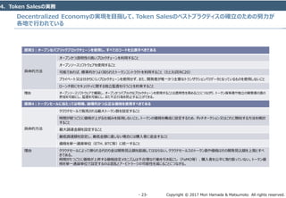 Copyright © 2017 Mori Hamada & Matsumoto All rights reserved.‐ 23‐
Decentralized Economyの実現を目指して、Token Salesのベストプラクティスの確立のための努力が
各地で行われている
4．Token Salesの実務
原則3：オープンなパブリックブロックチェーンを使用し、すべてのコードを公表すべきである
具体的方法
オープンかつ透明性の高いブロックチェーンを利用すること
オープンソースソフトウェアを使用すること
可能であれば、標準的かつよく知られたトークンコントラクトを利用すること（たとえばERC20）
プライベート又は分かりにくいブロックチェーンを使用せず、また、開発者が唯一かつ主要なトランザクションバリデータとなっているものを使用しないこと
ローンチ前にセキュリティに関する独立監査を行うことを約束すること
理由 オープンソースソフトウェアで構築し、オープンかつパブリックなブロックチェーンを使用することは透明性を高めることにつながり、トークン保有者や独立の開発者の真の
参加を可能にし、監査を可能にし、また不正行為を防止することができる。
原則4：トークンセールに当たっては明確、論理的かつ公正な価格を使用すべきである
具体的方法
クラウドセールで販売される最大トークン数を設定すること
時間が経つごとに価格が上がる仕組みを採用しないこと。トークンの価格を構成に設定するため、ダッチオークション又はこれに類似する方法を検討
すること
最大調達金額を設定すること
最低調達額を設定し、最低金額に達しない場合には購入者に返金すること
価格を単一通貨単位（ETH、BTC等）に統一すること
理由 クラウドセールによって得られる代わり金は開発見込額を超過してはならない。クラウドセールスのトークン数や価格はその開発見込額を上限とすべ
きである。
時間がたつごとに価格が上昇する価格設定メカニズムは不合理な行動を引き起こし（FoMO等）、購入者を公平に取り扱っていない。トークン価
格を単一通貨単位で設定するのは混乱とアービトラージの可能性を減じることにつながる。
 