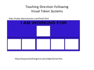 Teaching Direction-Following
                  Visual Token Systems
http://www.abaresources.com/free2.htm




     http://www.silverliningmm.com/tokenframe.htm
 