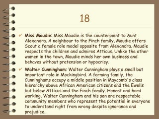 18 Miss Maudie : Miss Maudie is the counterpoint to Aunt Alexandra. A neighbour to the Finch family, Maudie offers Scout a female role model opposite from Alexandra. Maudie respects the children and admires Atticus. Unlike the other women in the town, Maudie minds her own business and behaves without pretension or hypocrisy. Walter Cunningham : Walter Cunningham plays a small but important role in Mockingbird. A farming family, the Cunninghams occupy a middle position in Maycomb's class hierarchy above African American citizens and the Ewells but below Atticus and the Finch family. Honest and hard working, Walter Cunningham and his son are respectable community members who represent the potential in everyone to understand right from wrong despite ignorance and prejudice. 
