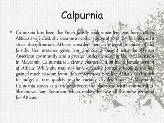 Calpurnia
• Calpurnia has been the Finch family cook since Jem was born. When
Atticus's wife died, she became a mother figure of sorts for the kids and a
strict disciplinarian. Atticus considers her an integral member of the
family. Her presence gives Jem and Scout insight into the African
American community and a greater understanding of the racial tension
in Maycomb. Calpurnia is a strong character, a bit like a female version
of Atticus. While she may not have extensive formal schooling, she has
gained much wisdom from life's experiences. She, like Atticus, isn't quick
to judge, a rare quality in the racially divided town of Maycomb.
Calpurnia serves as a bridge between the black and white communities.
She knows Tom Robinson, which makes the case all the more personal
for Atticus.
 