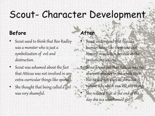 Scout- Character Development
Before
• Scout used to think that Boo Radley
was a monster who is just a
symbolization of evil and
destruction.
• Scout was ashamed about the fact
that Atticus was not involved in any
extra-curricular things like sports.
• She thought that being called a girl
was very shameful.
After
• Scout understood that Boo is a
human being like them who put
himself in isolation because of the
prejudicing society.
• Scout found out that Atticus was the
sharpest shooter in the whole town
but he did not want to show his
violent side which can kill any being.
• She realized that at the end of the
day she is a unashamed girl.
 