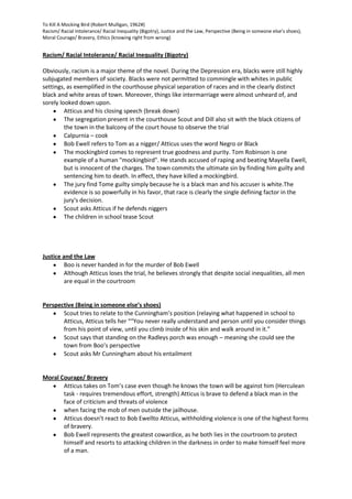 To Kill A Mocking Bird (Robert Mulligan, 1962#)
Racism/ Racial Intolerance/ Racial Inequality (Bigotry), Justice and the Law, Perspective (Being in someone else’s shoes),
Moral Courage/ Bravery, Ethics (knowing right from wrong)
Racism/ Racial Intolerance/ Racial Inequality (Bigotry)
Obviously, racism is a major theme of the novel. During the Depression era, blacks were still highly
subjugated members of society. Blacks were not permitted to commingle with whites in public
settings, as exemplified in the courthouse physical separation of races and in the clearly distinct
black and white areas of town. Moreover, things like intermarriage were almost unheard of, and
sorely looked down upon.
Atticus and his closing speech (break down)
The segregation present in the courthouse Scout and Dill also sit with the black citizens of
the town in the balcony of the court house to observe the trial
Calpurnia – cook
Bob Ewell refers to Tom as a nigger/ Atticus uses the word Negro or Black
The mockingbird comes to represent true goodness and purity. Tom Robinson is one
example of a human "mockingbird". He stands accused of raping and beating Mayella Ewell,
but is innocent of the charges. The town commits the ultimate sin by finding him guilty and
sentencing him to death. In effect, they have killed a mockingbird.
The jury find Tome guilty simply because he is a black man and his accuser is white.The
evidence is so powerfully in his favor, that race is clearly the single defining factor in the
jury's decision.
Scout asks Atticus if he defends niggers
The children in school tease Scout
Justice and the Law
Boo is never handed in for the murder of Bob Ewell
Although Atticus loses the trial, he believes strongly that despite social inequalities, all men
are equal in the courtroom
Perspective (Being in someone else’s shoes)
Scout tries to relate to the Cunningham’s position (relaying what happened in school to
Atticus, Atticus tells her ““You never really understand and person until you consider things
from his point of view, until you climb inside of his skin and walk around in it.”
Scout says that standing on the Radleys porch was enough – meaning she could see the
town from Boo’s perspective
Scout asks Mr Cunningham about his entailment
Moral Courage/ Bravery
Atticus takes on Tom’s case even though he knows the town will be against him (Herculean
task - requires tremendous effort, strength) Atticus is brave to defend a black man in the
face of criticism and threats of violence
when facing the mob of men outside the jailhouse.
Atticus doesn’t react to Bob Ewellto Atticus, withholding violence is one of the highest forms
of bravery.
Bob Ewell represents the greatest cowardice, as he both lies in the courtroom to protect
himself and resorts to attacking children in the darkness in order to make himself feel more
of a man.
 