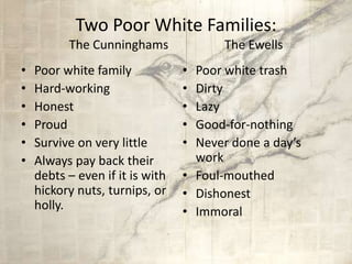 Two Poor White Families:
The Cunninghams The Ewells
• Poor white family
• Hard-working
• Honest
• Proud
• Survive on very little
• Always pay back their
debts – even if it is with
hickory nuts, turnips, or
holly.
• Poor white trash
• Dirty
• Lazy
• Good-for-nothing
• Never done a day’s
work
• Foul-mouthed
• Dishonest
• Immoral
 