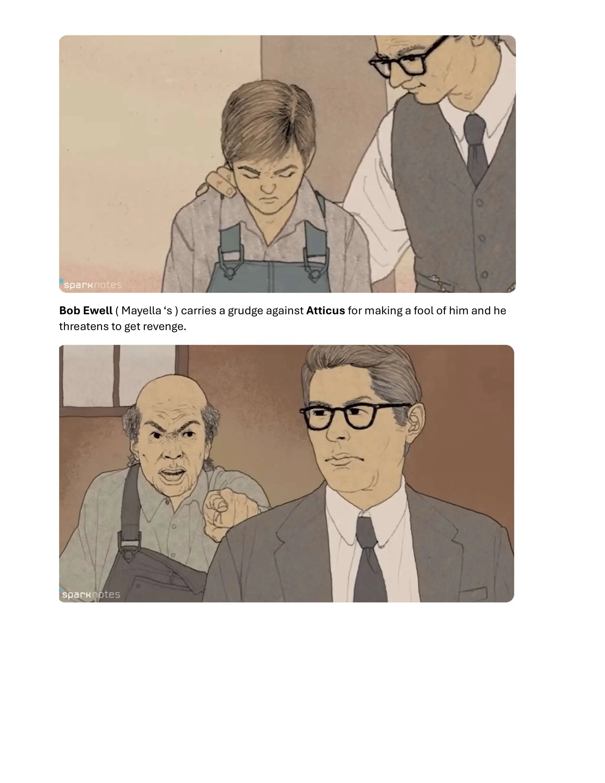 Bob Ewell ( Mayella ‘s ) carries a grudge against Atticus for making a fool of him and he
threatens to get revenge.
 