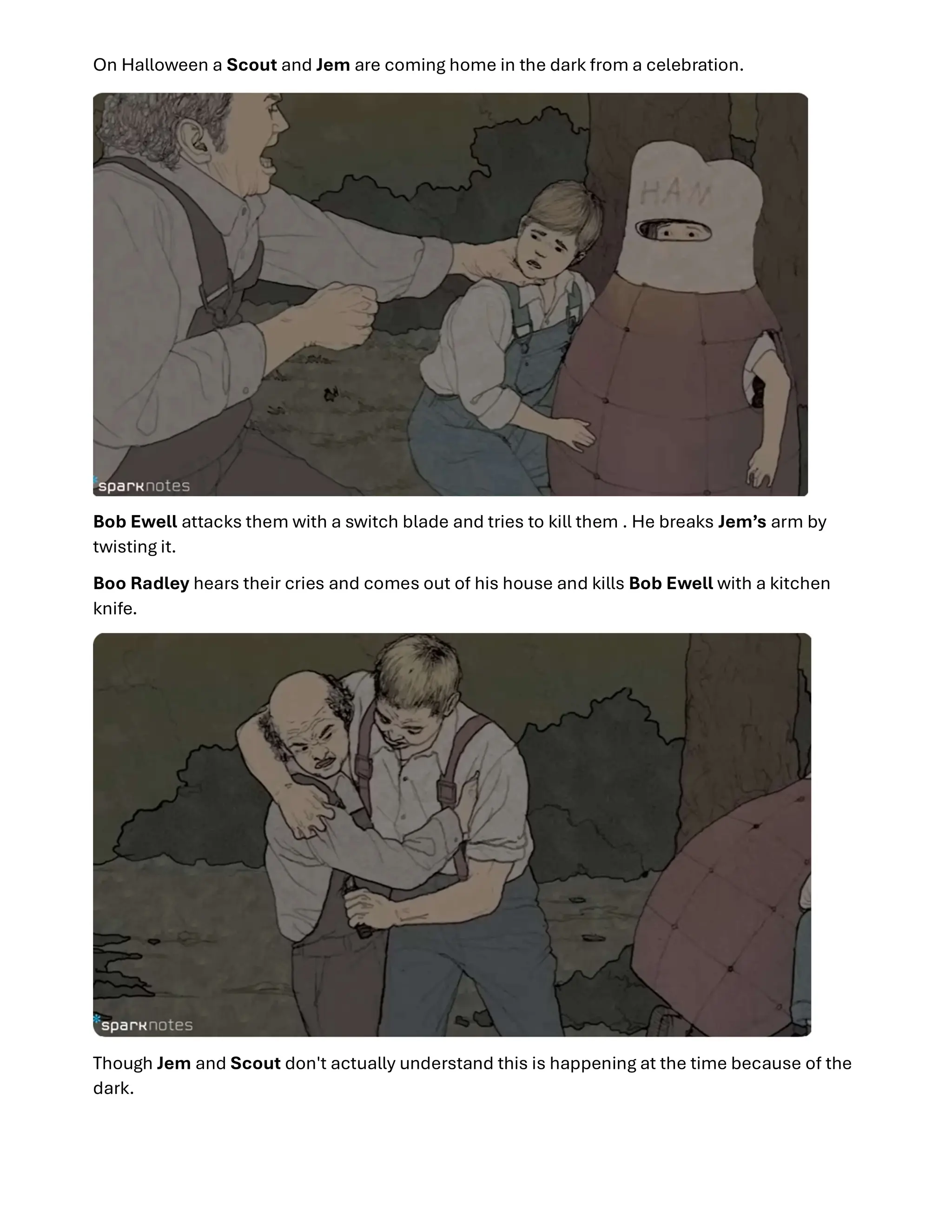 On Halloween a Scout and Jem are coming home in the dark from a celebration.
Bob Ewell attacks them with a switch blade and tries to kill them . He breaks Jem’s arm by
twisting it.
Boo Radley hears their cries and comes out of his house and kills Bob Ewell with a kitchen
knife.
Though Jem and Scout don't actually understand this is happening at the time because of the
dark.
 
