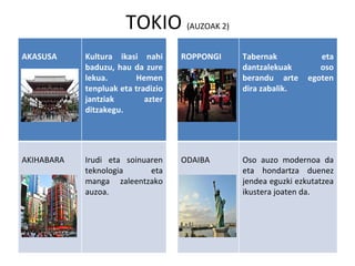 TOKIO  (AUZOAK 2) AKASUSA Kultura ikasi nahi baduzu, hau da zure lekua. Hemen tenpluak eta tradizio jantziak azter ditzakegu. ROPPONGI Tabernak eta dantzalekuak oso berandu arte egoten dira zabalik. AKIHABARA Irudi eta soinuaren teknologia eta manga zaleentzako auzoa. ODAIBA Oso auzo modernoa da eta hondartza duenez jendea eguzki ezkutatzea ikustera joaten da. 