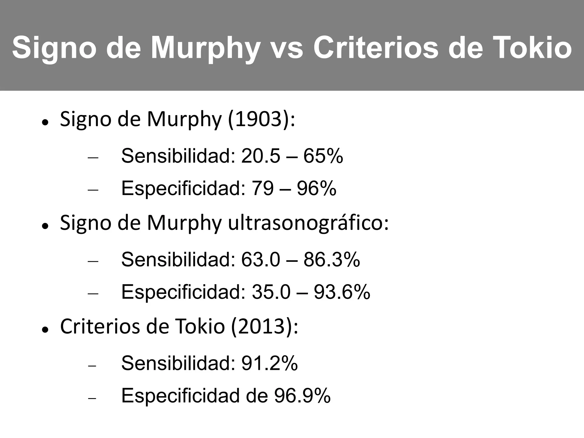  Signo de Murphy (1903):
– Sensibilidad: 20.5 – 65%
– Especificidad: 79 – 96%
 Signo de Murphy ultrasonográfico:
– Sensibilidad: 63.0 – 86.3%
– Especificidad: 35.0 – 93.6%
 Criterios de Tokio (2013):
 Sensibilidad: 91.2%
 Especificidad de 96.9%
Signo de Murphy vs Criterios de Tokio
 