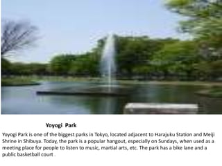 Yoyogi  ParkYoyogi Park is one of the biggest parks in Tokyo, located adjacent to Harajuku Station and Meiji Shrine in Shibuya. Today, the park is a popular hangout, especially on Sundays, when used as a meeting place for people to listen to music, martial arts, etc. The park has a bike lane and a public basketball court .
