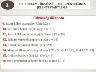 A KEGYELEM - ÜDVÖSSÉG - MEGSZENTELŐDÉS
JELENTÉSTARTALMA3.
Üdvösség állapota
9, Szent Lélek zsengéje (Róm 8,23)
10, Testünk a Lélek temploma (1Kor 3,16)
11, Szent Lélek pecsétjét kapjuk (Eféz 1,13; 4,30)
12, Sziklára vagyunk alapozva (1Kor 3,9-15)
13, Királyi papságban állunk (1Pét 2,9)
14, Mennyei állampolgárságunk van (2Kor 5,1-2; Fil 3,20; Zsid 12,22-23)
15, Örökbe fogadtak (Gal 4,5; Eféz 1,4-5)
16, Isten gyermekei vagyunk (Ján 1,12; 1Ján 3,1-2)
 
