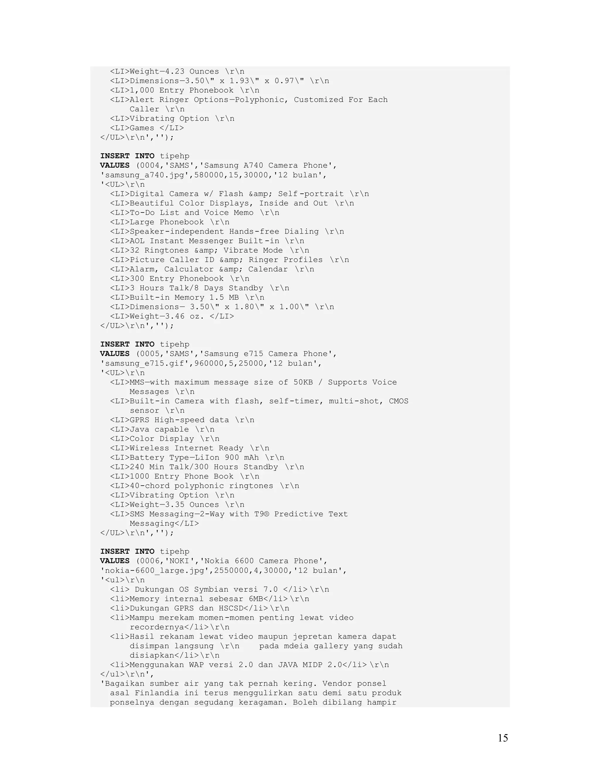15
<LI>Weight—4.23 Ounces rn
<LI>Dimensions—3.50" x 1.93" x 0.97" rn
<LI>1,000 Entry Phonebook rn
<LI>Alert Ringer Options—Polyphonic, Customized For Each
Caller rn
<LI>Vibrating Option rn
<LI>Games </LI>
</UL>rn','');
INSERT INTO tipehp
VALUES (0004,'SAMS','Samsung A740 Camera Phone',
'samsung_a740.jpg',580000,15,30000,'12 bulan',
'<UL>rn
<LI>Digital Camera w/ Flash &amp; Self -portrait rn
<LI>Beautiful Color Displays, Inside and Out rn
<LI>To-Do List and Voice Memo rn
<LI>Large Phonebook rn
<LI>Speaker-independent Hands-free Dialing rn
<LI>AOL Instant Messenger Built -in rn
<LI>32 Ringtones &amp; Vibrate Mode rn
<LI>Picture Caller ID &amp; Ringer Profiles rn
<LI>Alarm, Calculator &amp; Calendar rn
<LI>300 Entry Phonebook rn
<LI>3 Hours Talk/8 Days Standby rn
<LI>Built-in Memory 1.5 MB rn
<LI>Dimensions— 3.50" x 1.80" x 1.00" rn
<LI>Weight—3.46 oz. </LI>
</UL>rn','');
INSERT INTO tipehp
VALUES (0005,'SAMS','Samsung e715 Camera Phone',
'samsung_e715.gif',960000,5,25000,'12 bulan',
'<UL>rn
<LI>MMS—with maximum message size of 50KB / Supports Voice
Messages rn
<LI>Built-in Camera with flash, self-timer, multi-shot, CMOS
sensor rn
<LI>GPRS High-speed data rn
<LI>Java capable rn
<LI>Color Display rn
<LI>Wireless Internet Ready rn
<LI>Battery Type—LiIon 900 mAh rn
<LI>240 Min Talk/300 Hours Standby rn
<LI>1000 Entry Phone Book rn
<LI>40-chord polyphonic ringtones rn
<LI>Vibrating Option rn
<LI>Weight—3.35 Ounces rn
<LI>SMS Messaging—2-Way with T9® Predictive Text
Messaging</LI>
</UL>rn','');
INSERT INTO tipehp
VALUES (0006,'NOKI','Nokia 6600 Camera Phone',
'nokia-6600_large.jpg',2550000,4,30000,'12 bulan',
'<ul>rn
<li> Dukungan OS Symbian versi 7.0 </li> rn
<li>Memory internal sebesar 6MB</li> rn
<li>Dukungan GPRS dan HSCSD</li> rn
<li>Mampu merekam momen-momen penting lewat video
recordernya</li>rn
<li>Hasil rekanam lewat video maupun jepretan kamera dapat
disimpan langsung rn pada mdeia gallery yang sudah
disiapkan</li>rn
<li>Menggunakan WAP versi 2.0 dan JAVA MIDP 2.0</li> rn
</ul>rn',
'Bagaikan sumber air yang tak pernah kering. Vendor ponsel
asal Finlandia ini terus menggulirkan satu demi satu produk
ponselnya dengan segudang keragaman. Boleh dibilang hampir
 