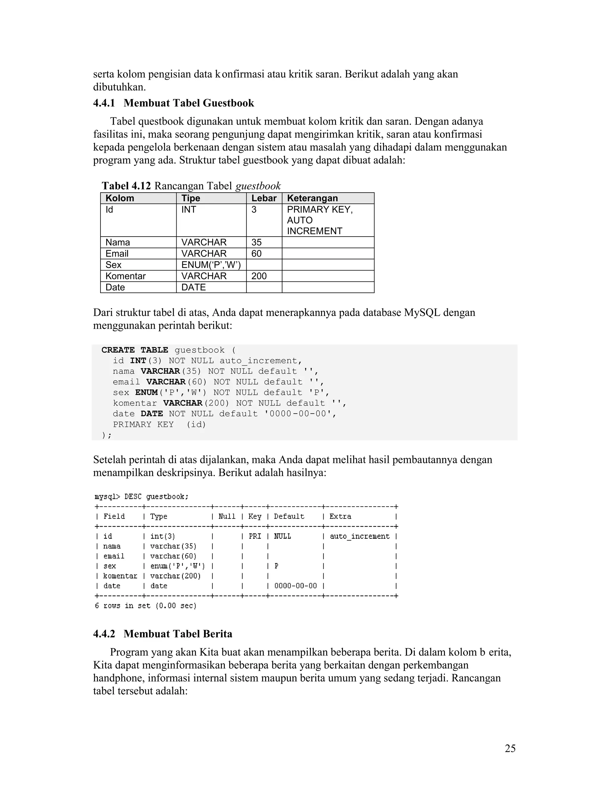 25
serta kolom pengisian data konfirmasi atau kritik saran. Berikut adalah yang akan
dibutuhkan.
4.4.1 Membuat Tabel Guestbook
Tabel questbook digunakan untuk membuat kolom kritik dan saran. Dengan adanya
fasilitas ini, maka seorang pengunjung dapat mengirimkan kritik, saran atau konfirmasi
kepada pengelola berkenaan dengan sistem atau masalah yang dihadapi dalam menggunakan
program yang ada. Struktur tabel guestbook yang dapat dibuat adalah:
Tabel 4.12 Rancangan Tabel guestbook
Kolom Tipe Lebar Keterangan
Id INT 3 PRIMARY KEY,
AUTO
INCREMENT
Nama VARCHAR 35
Email VARCHAR 60
Sex ENUM(‘P’,’W’)
Komentar VARCHAR 200
Date DATE
Dari struktur tabel di atas, Anda dapat menerapkannya pada database MySQL dengan
menggunakan perintah berikut:
CREATE TABLE guestbook (
id INT(3) NOT NULL auto_increment,
nama VARCHAR(35) NOT NULL default '',
email VARCHAR(60) NOT NULL default '',
sex ENUM('P','W') NOT NULL default 'P',
komentar VARCHAR(200) NOT NULL default '',
date DATE NOT NULL default '0000-00-00',
PRIMARY KEY (id)
);
Setelah perintah di atas dijalankan, maka Anda dapat melihat hasil pembautannya dengan
menampilkan deskripsinya. Berikut adalah hasilnya:
4.4.2 Membuat Tabel Berita
Program yang akan Kita buat akan menampilkan beberapa berita. Di dalam kolom b erita,
Kita dapat menginformasikan beberapa berita yang berkaitan dengan perkembangan
handphone, informasi internal sistem maupun berita umum yang sedang terjadi. Rancangan
tabel tersebut adalah:
 