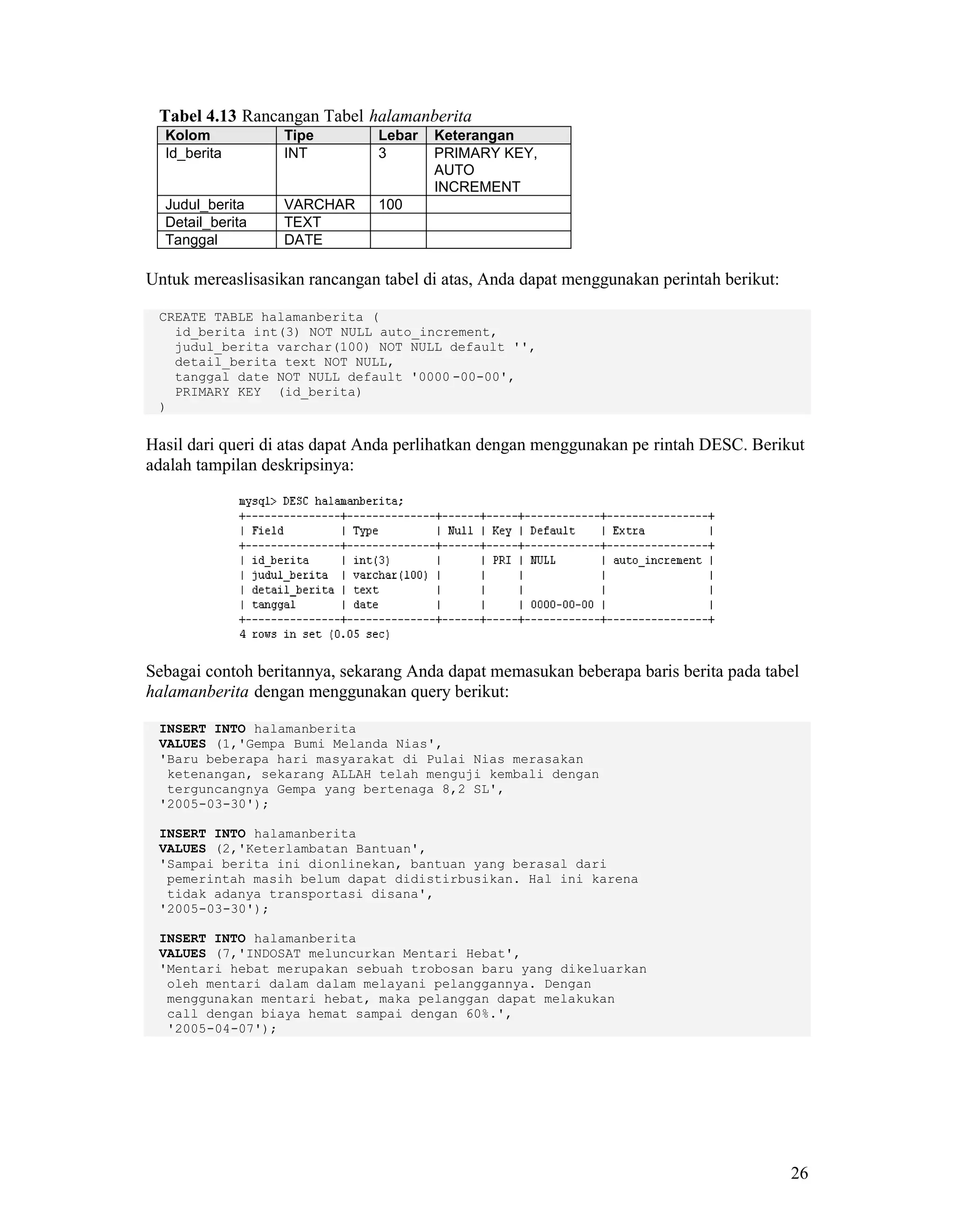 26
Tabel 4.13 Rancangan Tabel halamanberita
Kolom Tipe Lebar Keterangan
Id_berita INT 3 PRIMARY KEY,
AUTO
INCREMENT
Judul_berita VARCHAR 100
Detail_berita TEXT
Tanggal DATE
Untuk mereaslisasikan rancangan tabel di atas, Anda dapat menggunakan perintah berikut:
CREATE TABLE halamanberita (
id_berita int(3) NOT NULL auto_increment,
judul_berita varchar(100) NOT NULL default '',
detail_berita text NOT NULL,
tanggal date NOT NULL default '0000 -00-00',
PRIMARY KEY (id_berita)
)
Hasil dari queri di atas dapat Anda perlihatkan dengan menggunakan pe rintah DESC. Berikut
adalah tampilan deskripsinya:
Sebagai contoh beritannya, sekarang Anda dapat memasukan beberapa baris berita pada tabel
halamanberita dengan menggunakan query berikut:
INSERT INTO halamanberita
VALUES (1,'Gempa Bumi Melanda Nias',
'Baru beberapa hari masyarakat di Pulai Nias merasakan
ketenangan, sekarang ALLAH telah menguji kembali dengan
terguncangnya Gempa yang bertenaga 8,2 SL',
'2005-03-30');
INSERT INTO halamanberita
VALUES (2,'Keterlambatan Bantuan',
'Sampai berita ini dionlinekan, bantuan yang berasal dari
pemerintah masih belum dapat didistirbusikan. Hal ini karena
tidak adanya transportasi disana',
'2005-03-30');
INSERT INTO halamanberita
VALUES (7,'INDOSAT meluncurkan Mentari Hebat',
'Mentari hebat merupakan sebuah trobosan baru yang dikeluarkan
oleh mentari dalam dalam melayani pelanggannya. Dengan
menggunakan mentari hebat, maka pelanggan dapat melakukan
call dengan biaya hemat sampai dengan 60%.',
'2005-04-07');
 