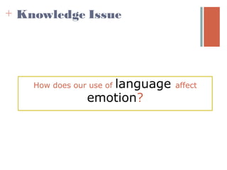 + Knowledge Issue




                   language
    How does our use of       affect
                emotion?
 