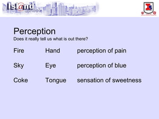 Perception Does it really tell us what is out there? Fire  Hand perception of pain Sky Eye perception of blue Coke Tongue sensation of sweetness 
