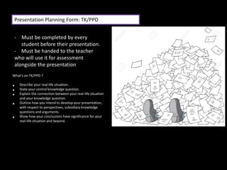 Presentation Planning Form: TK/PPD
What’s on TK/PPD ?
• Describe your real-life situation.
• State your central knowledge question.
• Explain the connection between your real-life situation
and your knowledge question.
• Outline how you intend to develop your presentation,
with respect to perspectives, subsidiary knowledge
questions and arguments.
• Show how your conclusions have significance for your
real-life situation and beyond.
- Must be completed by every
student before their presentation.
- Must be handed to the teacher
who will use it for assessment
alongside the presentation
 