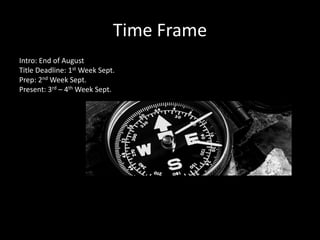 Time Frame
Intro: End of August
Title Deadline: 1st Week Sept.
Prep: 2nd Week Sept.
Present: 3rd – 4th Week Sept.
 