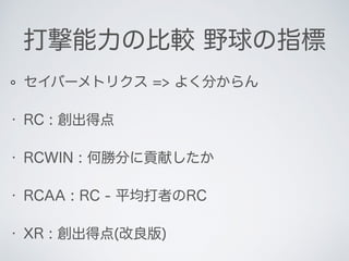 打撃能力の比較 野球の指標
セイバーメトリクス => よく分からん
• RC : 創出得点
• RCWIN : 何勝分に貢献したか
• RCAA : RC - 平均打者のRC
• XR : 創出得点(改良版)
 