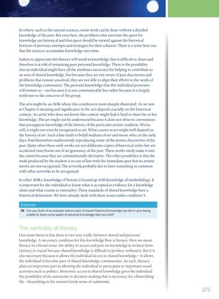 In others, such as the natural sciences, some work can be done without a detailed
knowledge of the past. But even here, the problems that motivate the quest for
knowledge are historical and that quest should be viewed against the historical
horizon of previous attempts and strategies for their solution. There is a sense here too
that the sciences accumulate knowledge over time.
Failure to appreciate this history will result in knowledge that is difficult to share and
therefore is at risk of remaining pure personal knowledge. There is the possibility
that an individual might have all the attributes necessary for helping to contribute to
an area of shared knowledge, but because they are not aware of past discoveries and
problems that remain unsolved, they are not able to align their efforts to the needs of
the knowledge community. The personal knowledge that this individual possesses
will remain so – not because it is not communicable but rather because it is largely
irrelevant to the concerns of the group.
The arts might be an AOK where this condition is most sharply illustrated. As we saw
in Chapter 8 meaning and significance in the arts depend crucially on the historical
context. An artist who does not know this context might find it hard to share his or her
knowledge. The art might not be understood because it does not observe conventions
that presuppose knowledge of the history of the particular artistic tradition. Worse
still, it might not even be recognized as art. What counts as art might well depend on
the history of art. Such a fate tends to befall students of art and music who, in the early
days, find themselves inadvertently reproducing some of the artistic discoveries of the
past. Quite often these early works are not deliberate copies of historical styles but are
accidental ones borne out of an ignorance of the past. These works rarely make it into
the canon because they are unintentionally derivative. The other possibility is that the
work produced by the student is so out of line with the immediate past that its artistic
merits are not recognized. The artwork probably has to have something in common
with other artworks to be recognized.
In other AOKs, knowledge of history is bound up with knowledge of methodology. It
is important for the individual to know what is accepted as evidence for a knowledge
claim and what counts as rationality. These standards of shared knowledge have a
historical dimension. We have already dealt with these issues under condition 5.
Exercise
30 Can you think of an example where a lack of shared historical knowledge has led to your being
unable to share some aspect of personal knowledge that you hold?
The centrality of literacy
Our main thesis is that there is two-way traffic between shared and personal
knowledge. A necessary condition for this knowledge flow is literacy. Here we mean
literacy in a broad sense: the ability to access and pass on knowledge in written form.
Literacy is crucial because shared knowledge is difficult to produce without it. But it is
also necessary because it allows the individual access to shared knowledge – it allows
the individual to become part of shared knowledge communities. As such, literacy
plays an important part in allowing the individual to participate in important social
activities such as politics. Moreover, access to shared knowledge gives the individual
the possibility of the autonomy in decision-making that is necessary for a flourishing
life – flourishing in the ancient Greek sense of eudaimonia.
375
M12_TOK_SB_IBDIP_4157_U12.indd 375 04/03/2014 15:02
 