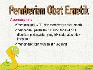 Apomorphine
menstimulasi CTZ , dan memberikan efek emetik
pemberian : parenteral t.u subcutane bisa
diberikan pada pasien yang tdk sadar atau tidak
kooperatif
menginduksikan muntah stlh 3-5 mnit,.
 