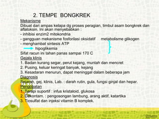 2. TEMPE BONGKREK
Mekanisme
Dibuat dari ampas kelapa dg proses peragian, timbul asam bongkrek dan
aflatoksin. Ini akan menyebabkan :
- inhibisi enzim2 mitokondria
- gangguan mekanisme fosforilasi oksidatif metabolisme glikogen
- menghambat sintesis ATP
hipoglikemia
Sifat racun ini tahan panas sampai 170 C
Gejala klinis
1. Badan kurang segar, perut kejang, muntah dan mencret
2. Pusing, keluar keringat banyak, kejang
3. Kesadaran menurun, dapat meninggal dalam beberapa jam
Diagnosis
Sejarah, gej. klinis, Lab. : darah rutin, gula, fungsi ginjal dan hepar.
Pengobatan
1. Terapi suportif : infus kristaloid, glukosa
2. Dekontam. : pengosongan lambung, arang aktif, katartika
3. Tiosulfat dan injeksi vitamin B komplek.
 