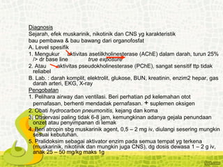 Diagnosis
Sejarah, efek muskarinik, nikotinik dan CNS yg karakteristik
bau pembawa & bau bawang dari organofosfat
A. Level spesifik
1. Mengukur aktivitas asetilkholinesterase (AChE) dalam darah, turun 25%
/> dr base line true exposure
2. Atau aktivitas pseudokholinesterase (PChE), sangat sensitif ttp tidak
reliabel
B. Lab. : darah komplit, elektrolit, glukose, BUN, kreatinin, enzim2 hepar, gas
darah arteri, EKG, X-ray
Pengobatan
1. Pelihara airway dan ventilasi. Beri perhatian pd kelemahan otot
pernafasan, berhenti mendadak pernafasan. + suplemen oksigen
2. Obati hydrocarbon pneumonitis, kejang dan koma
3. Observasi paling tidak 6-8 jam, kemungkinan adanya gejala penundaan
onzet atau penyimpanan di lemak
4. Beri atropin sbg muskarinik agent, 0,5 – 2 mg iv, diulangi sesering mungkin
sesuai kebutuhan.
5. Pralidoksim sebagai aktivator enzim pada semua tempat yg terkena
(muskarinik, nikotinik dan mungkin juga CNS), dg dosis dewasa 1 – 2 g iv,
anak 25 – 50 mg/kg maks 1g
 