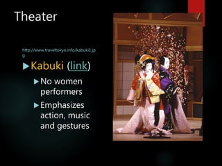 Theater
http://www.traveltokyo.info/kabuki1.jp
g
Kabuki (link)
No women
performers
Emphasizes
action, music
and gestures
 