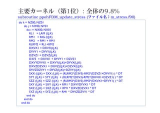 主要カーネル（第1位）: 全体の9.8%
subroutine ppohFDM_update_stress (ファイル名：m_stress.f90)
2021年度 計算科学技術特論A
37
do k = NZ00, NZ01
do j = NY00, NY01
do i = NX00, NX01
RL1 = LAM (I,J,K)
RM1 = RIG (I,J,K)
RM2 = RM1 + RM1
RLRM2 = RL1+RM2
DXVX1 = DXVX(I,J,K)
DYVY1 = DYVY(I,J,K)
DZVZ1 = DZVZ(I,J,K)
D3V3 = DXVX1 + DYVY1 + DZVZ1
DXVYDYVX1 = DXVY(I,J,K)+DYVX(I,J,K)
DXVZDZVX1 = DXVZ(I,J,K)+DZVX(I,J,K)
DYVZDZVY1 = DYVZ(I,J,K)+DZVY(I,J,K)
SXX (I,J,K) = SXX (I,J,K) + (RLRM2*(D3V3)-RM2*(DZVZ1+DYVY1) ) * DT
SYY (I,J,K) = SYY (I,J,K) + (RLRM2*(D3V3)-RM2*(DXVX1+DZVZ1) ) * DT
SZZ (I,J,K) = SZZ (I,J,K) + (RLRM2*(D3V3)-RM2*(DXVX1+DYVY1) ) * DT
SXY (I,J,K) = SXY (I,J,K) + RM1 * DXVYDYVX1 * DT
SXZ (I,J,K) = SXZ (I,J,K) + RM1 * DXVZDZVX1 * DT
SYZ (I,J,K) = SYZ (I,J,K) + RM1 * DYVZDZVY1 * DT
end do
end do
end do
 