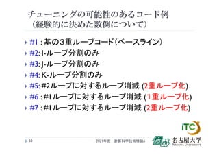 チューニングの可能性のあるコード例
（経験的に決めた数例について）
 #1 : 基の３重ループコード（ベースライン）
 #2: I-ループ分割のみ
 #3: J-ループ分割のみ
 #4: K-ループ分割のみ
 #5: #2ループに対するループ消滅 (2重ループ化)
 #6 : #1ループに対するループ消滅 (１重ループ化)
 #7 : #1ループに対するループ消滅 (2重ループ化)
2021年度 計算科学技術特論A
50
 