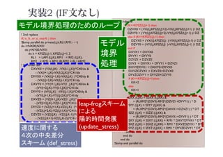 実装2 (IF文なし)
! 2nd replace
if( is_fs .or. is_nearfs ) then
!$omp parallel do private(i,j,k,RL1,RM1,・・・)
do i=NX00,NX01
do j=NY00,NY01
do k = KFSZ(i,j)-1, KFSZ(i,j)+1, 2
RL1 = LAM (I,J,K); RM1 = RIG (I,J,K);
RM2 = RM1 + RM1; RLRM2 = RL1+RM2
! 4th order diff
DXVX0 = (VX(I,J,K) -VX(I-1,J,K))*C40/dx &
- (VX(I+1,J,K)-VX(I-2,J,K))*C41/dx
DYVX0 = (VX(I,J+1,K)-VX(I,J,K) )*C40/dy &
- (VX(I,J+2,K)-VX(I,J-1,K))*C41/dy
DXVY0 = (VY(I+1,J,K)-VY(I ,J,K))*C40/dx &
- (VY(I+2,J,K)-VY(I-1,J,K))*C41/dx
DYVY0 = (VY(I,J,K) -VY(I,J-1,K))*C40/dy &
- (VY(I,J+1,K)-VY(I,J-2,K))*C41/dy
DXVZ0 = (VZ(I+1,J,K)-VZ(I ,J,K))*C40/dx &
- (VZ(I+2,J,K)-VZ(I-1,J,K))*C41/dx
DYVZ0 = (VZ(I,J+1,K)-VZ(I,J,K) )*C40/dy &
- (VZ(I,J+2,K)-VZ(I,J-1,K))*C41/dy
DZVZ0 = (VZ(I,J,K) -VZ(I,J,K-1))*C40/dz &
- (VZ(I,J,K+1)-VZ(I,J,K-2))*C41/dz
! bc vel-derive
if (K==KFSZ(I,J)+1) then
DZVX0 = (VX(I,J,KFSZ(I,J)+2)-VX(I,J,KFSZ(I,J)+1) )/ DZ
DZVY0 = (VY(I,J,KFSZ(I,J)+2)-VY(I,J,KFSZ(I,J)+1) )/ DZ
else if (K==KFSZ(I,J)-1) then
DZVX0 = (VX(I,J,KFSZ(I,J) )-VX(I,J,KFSZ(I,J)-1) )/ DZ
DZVY0 = (VY(I,J,KFSZ(I,J) )-VY(I,J,KFSZ(I,J)-1) )/ DZ
end if
DXVX1 = DXVX0
DYVY1 = DYVY0
DZVZ1 = DZVZ0
D3V3 = DXVX1 + DYVY1 + DZVZ1
DXVYDYVX1 = DXVY0+DYVX0
DXVZDZVX1 = DXVZ0+DZVX0
DYVZDZVY1 = DYVZ0+DZVY0
if (K==KFSZ(I,J)+1)then
KK=2
else
KK=1
end if
SXX (I,J,K) = SSXX (I,J,KK) &
+ (RLRM2*(D3V3)-RM2*(DZVZ1+DYVY1) ) * D
SYY (I,J,K) = SSYY (I,J,KK) &
+ (RLRM2*(D3V3)-RM2*(DXVX1+DZVZ1) ) * DT
SZZ (I,J,K) = SSZZ (I,J,KK) &
+ (RLRM2*(D3V3)-RM2*(DXVX1+DYVY1) ) * DT
SXY (I,J,K) = SSXY (I,J,KK) + RM1 * DXVYDYVX1 * DT
SXZ (I,J,K) = SSXZ (I,J,KK) + RM1 * DXVZDZVX1 * DT
SYZ (I,J,K) = SSYZ (I,J,KK) + RM1 * DYVZDZVY1 * DT
end do
end do
end do
!$omp end parallel do
速度に関する
４次の中央差分
スキーム (def_stress)
モデル
境界
処理
leap-frogスキーム
による
陽的時間発展
(update_stress)
モデル境界処理のためのループ
 