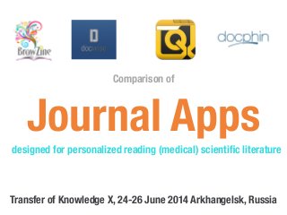 Journal Apps
Comparison of
designed for personalized reading (medical) scientiﬁc literature
Transfer of Knowledge X, 24-26 June 2014 Arkhangelsk, Russia
 
