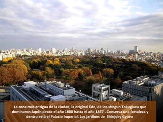 La zona más antigua de la ciudad, la original Edo, de los shogun Tokugawa que
dominaron Japón desde el año 1600 hasta el año 1867 . Conserva una fortaleza y
        dentro está el Palacio Imperial. Los jardines de Shinjuky Gyoen
 