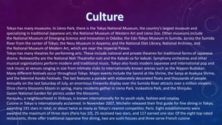 Tokyo has many museums. In Ueno Park, there is the Tokyo National Museum, the country's largest museum and
specializing in traditional Japanese art; the National Museum of Western Art and Ueno Zoo. Other museums include
the National Museum of Emerging Science and Innovation in Odaiba; the Edo-Tokyo Museum in Sumida, across the Sumida
River from the center of Tokyo; the Nezu Museum in Aoyama; and the National Diet Library, National Archives, and
the National Museum of Modern Art, which are near the Imperial Palace.
Tokyo has many theatres for performing arts. These include national and private theatres for traditional forms of Japanese
drama. Noteworthy are the National Noh Theatrefor noh and the Kabuki-za for kabuki. Symphony orchestras and other
musical organisations perform modern and traditional music. Tokyo also hosts modern Japanese and international pop and
rock music at venues ranging in size from intimate clubs to internationally known arenas such as the Nippon Budokan.
Many different festivals occur throughout Tokyo. Major events include the Sannō at Hie Shrine, the Sanja at Asakusa Shrine,
and the biennial Kanda Festivals. The last features a parade with elaborately decorated floats and thousands of people.
Annually on the last Saturday of July, an enormous fireworks display over the Sumida River attracts over a million viewers.
Once cherry blossoms bloom in spring, many residents gather in Ueno Park, Inokashira Park, and the Shinjuku
Gyoen National Garden for picnics under the blossoms.
Harajuku, a neighbourhood in Shibuya, is known internationally for its youth style, fashion and cosplay.
Cuisine in Tokyo is internationally acclaimed. In November 2007, Michelin released their first guide for fine dining in Tokyo,
awarding 191 stars in total, or about twice as many as Tokyo's nearest competitor, Paris. Eight establishments were
awarded the maximum of three stars (Paris has 10), 25 received two stars, and 117 earned one star. Of the eight top-rated
restaurants, three offer traditional Japanese fine dining, two are sushi houses and three serve French cuisine
 