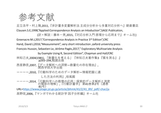 ,2011,
Clausen.S.E,1998,”Applied Correspondence Analysis an Intoduction”,SAGE Publication,
( ,2015, )
Greenacre.M.J,2017,”Correspondence Analysis in Practice 3rd Edition”,CRC
Hand, David J,2016,“Measurement”, very short introduction ,oxford university press
Francois Husson, Sebastien Le, Jérôme Pagès,2017,” Exploratory Multivariate Analysis
by Example Using R, Second Edition”, Chapman and Hall/CRC
,2004(1981), 3
p293−294,
,2007, ― ,
,2010, ―
,
,2014,
, 41 2
81
URL=https://www.jstage.jst.go.jp/article/jbhmk/41/2/41_89/_pdf/-char/ja
,2006,
2018/3/3 Tokyo.R#68 LT 30
 