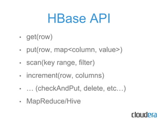 HBase API
• get(row)
• put(row, map<column, value>)
• scan(key range, filter)
• increment(row, columns)
• … (checkAndPut, delete, etc…)
• MapReduce/Hive
 